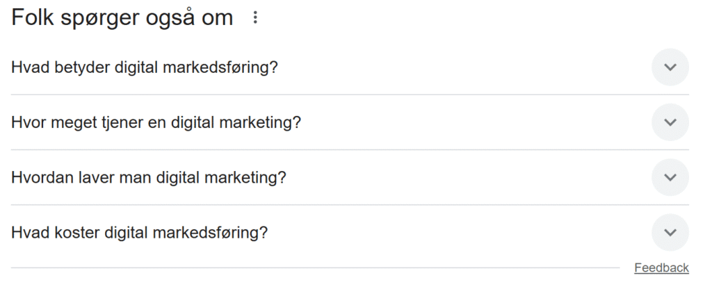 Relaterede spørgsmål om digital markedsføring fra Google-søgning.