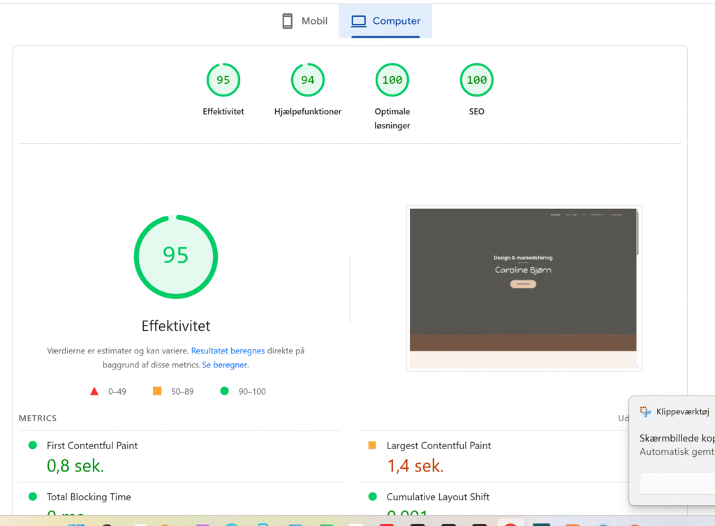 Screenshot af hastighedstest, der viser hjemmesidens performance og indlæsningshastighed som del af en teknisk SEO-analyse.