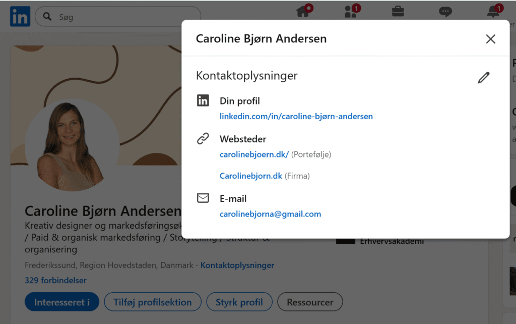 LinkedIn ekstern linkbuilding på Caroline Bjørn Andersens profil