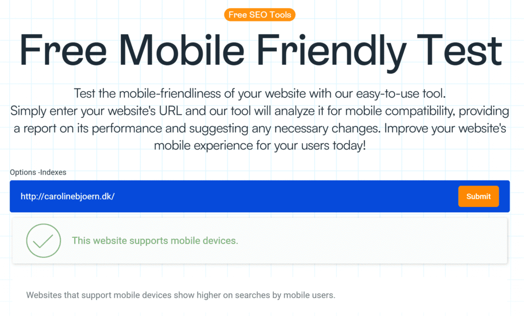 Screenshot af en mobilvenlighedstest, der viser om en hjemmeside er optimeret til mobile enheder som del af en teknisk SEO-analyse.