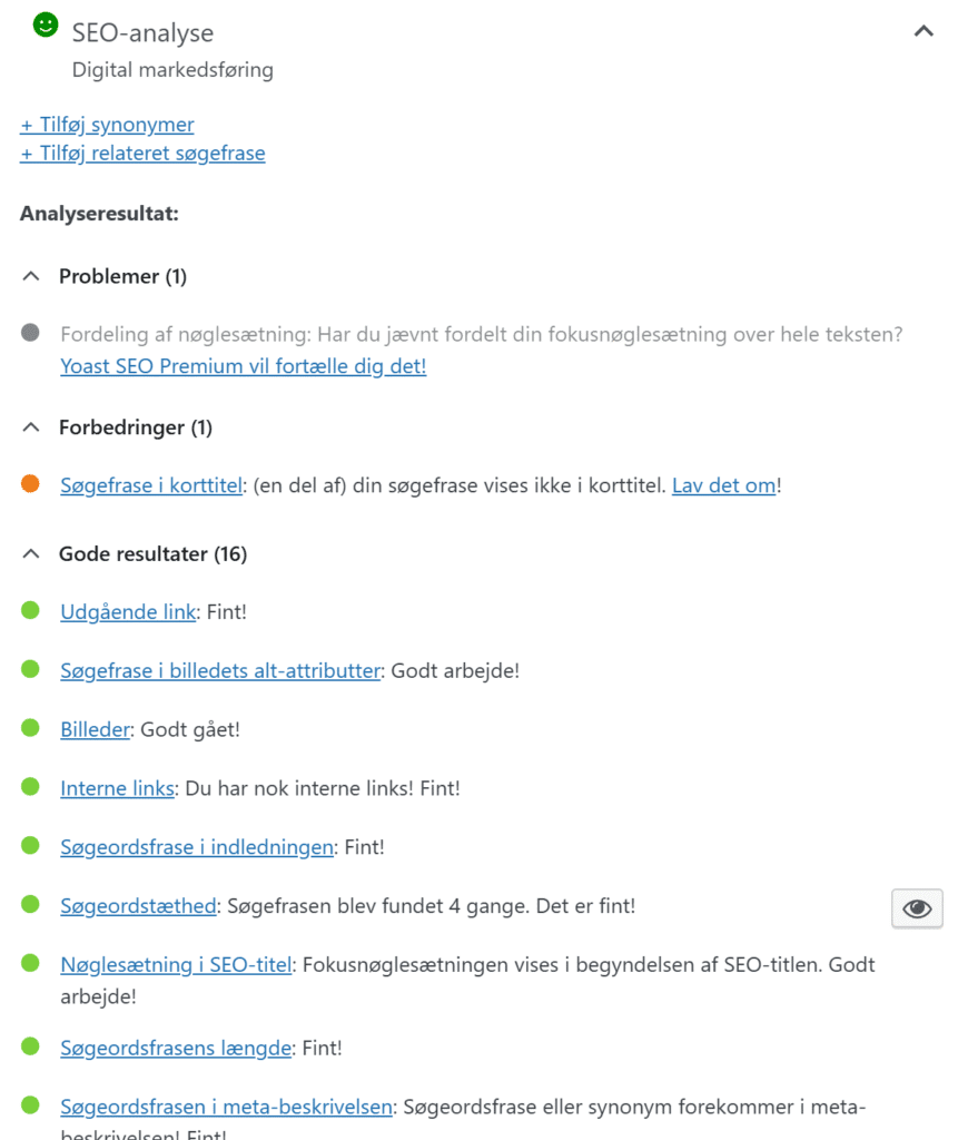 yoast seo analyse resultater oversigt