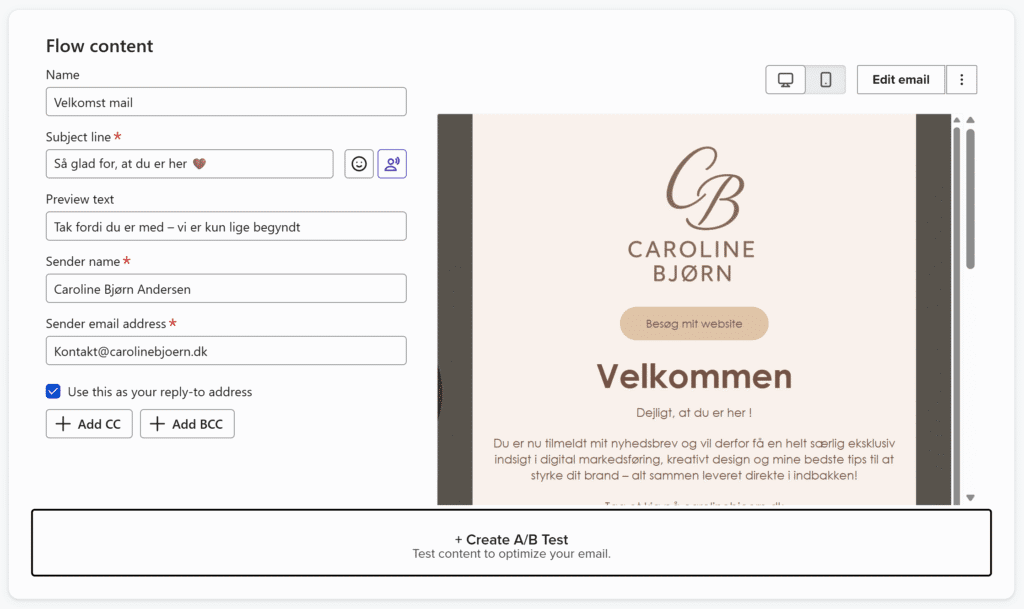 Email Flow content på Klaviyo